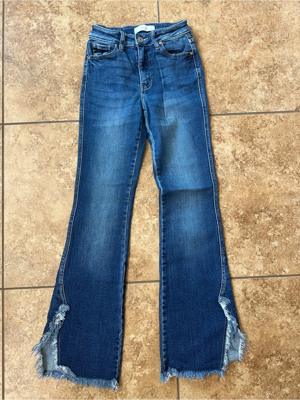 KanCan Dark Blue Frayed-Hem Flare Jeans